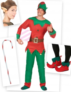Weihnachtselfen-Kostümset für Herren 6-teilig rot-grün-goldfarben