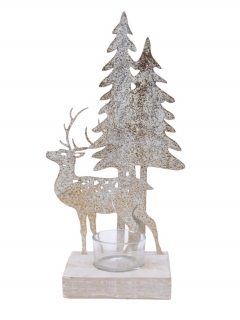 Weihnachts-Kerzenständer aus Metall Rentier und Tanne weiß 27 cm