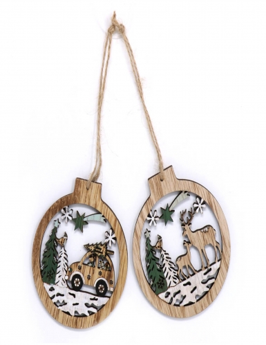 Christbaumanhänger aus Holz Winterlandschaft 2 Stück braun-grün-weiß 10 cm