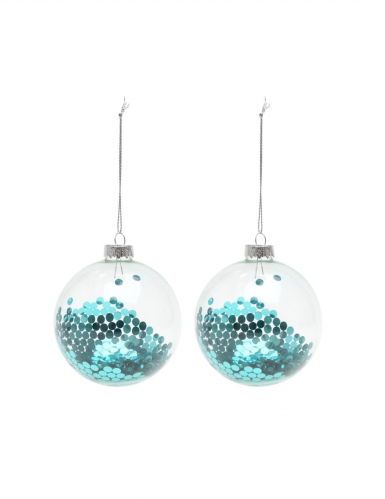 Christbaumkugeln mit Glitzerpailletten 2 Stück transparent-blau 8 cm
