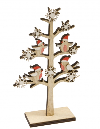Verschneiter Baum mit Weihnachts-Vögeln Christbaumschmuck braun-weiß-rot 18 x 11 x 4 cm